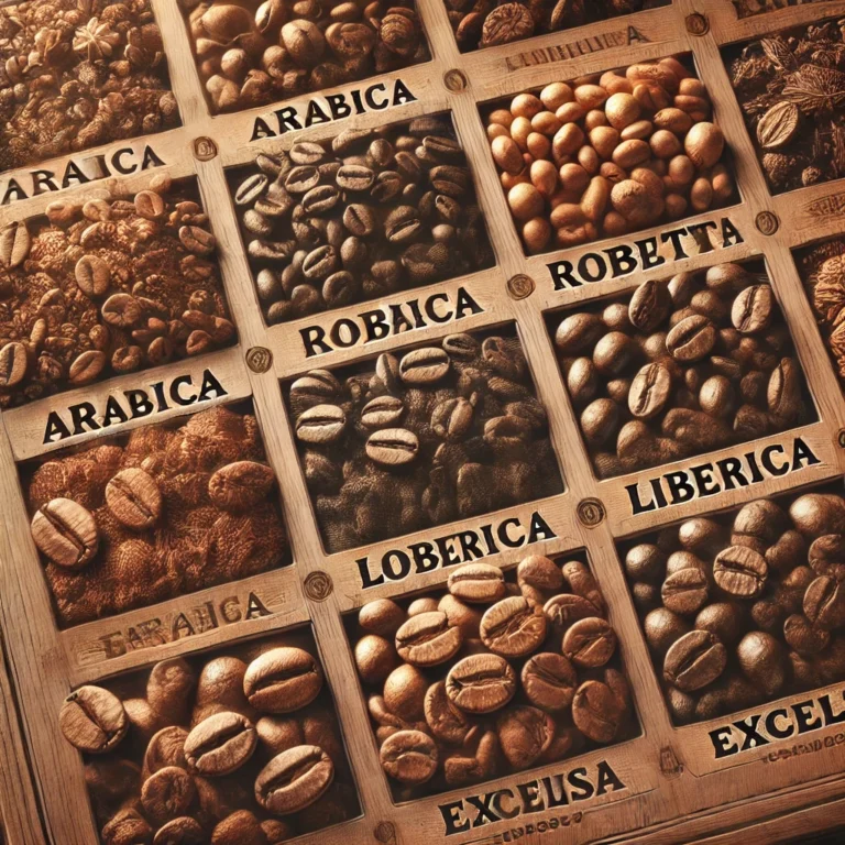 Types of coffee beans including Arabica, Robusta, Liberica, and Excelsa.